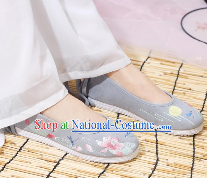 Traditional Chinese National Embroidered Lotus Grey Shoes Ancient Princess Shoes Handmade Hanfu Shoes for Women