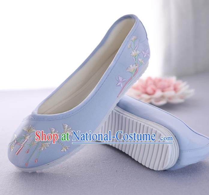 Traditional Chinese Ancient Princess Blue Embroidered Shoes Cloth Shoes Handmade Hanfu Shoes for Women