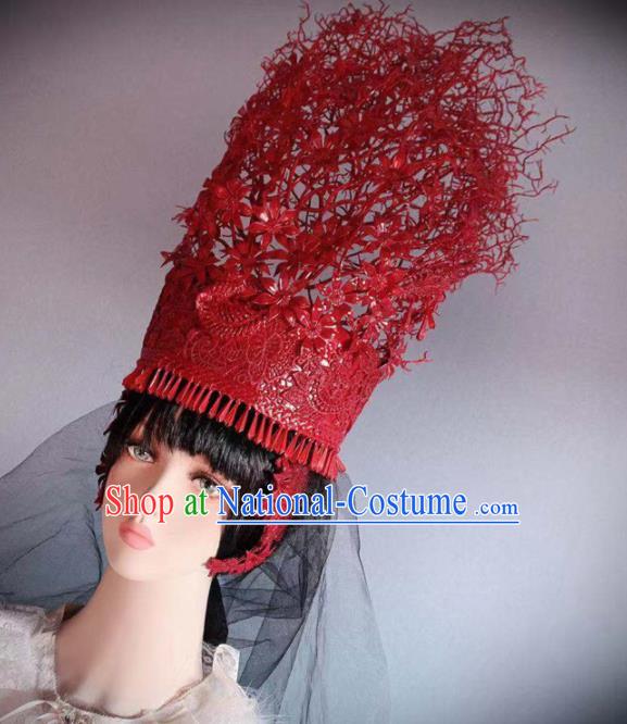 Traditional Chinese Deluxe Red Hat Hair Accessories Halloween Stage Show Headdress for Women