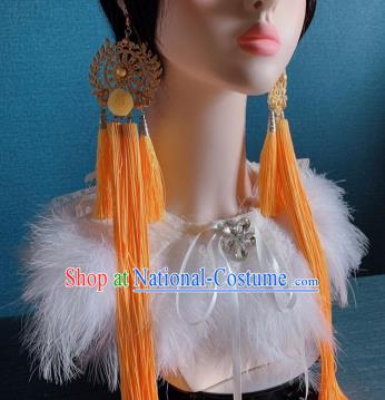 Traditional Chinese Deluxe Yellow Long Tassel Ear Accessories Halloween Stage Show Earrings for Women