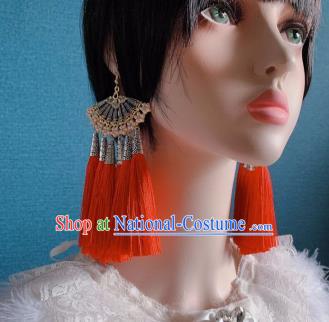 Traditional Chinese Deluxe Orange Tassel Fan Ear Accessories Halloween Stage Show Earrings for Women