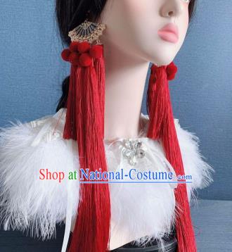 Traditional Chinese Deluxe Red Tassel Fan Ear Accessories Halloween Stage Show Earrings for Women