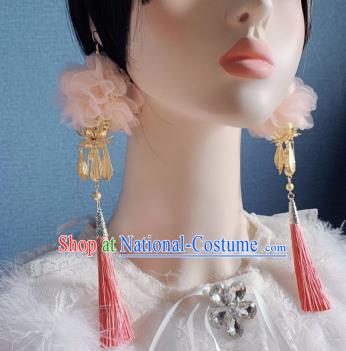 Traditional Chinese Deluxe Pink Tassel Feather Ear Accessories Halloween Stage Show Earrings for Women