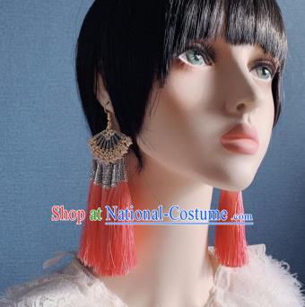 Traditional Chinese Deluxe Pink Tassel Fan Ear Accessories Halloween Stage Show Earrings for Women