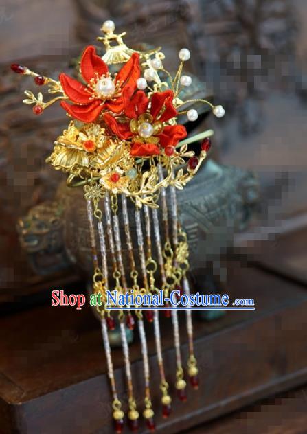 Traditional Chinese Handmade Court Red Maple Leaf Tassel Hairpins Hair Accessories Ancient Hanfu Hair Clip for Women