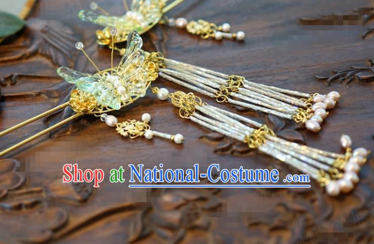 Traditional Chinese Handmade Court Green Butterfly Hairpins Hair Accessories Ancient Hanfu Hair Clip for Women