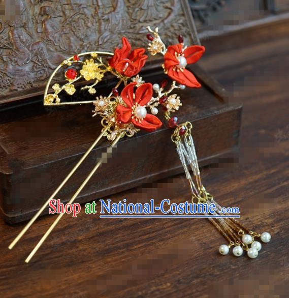 Traditional Chinese Handmade Court Red Maple Leaf Plum Tassel Hairpins Hair Accessories Ancient Hanfu Hair Clip for Women