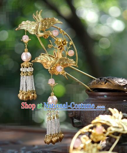 Traditional Chinese Handmade Court Golden Crane Tassel Hairpins Hair Accessories Ancient Hanfu Hair Clip for Women