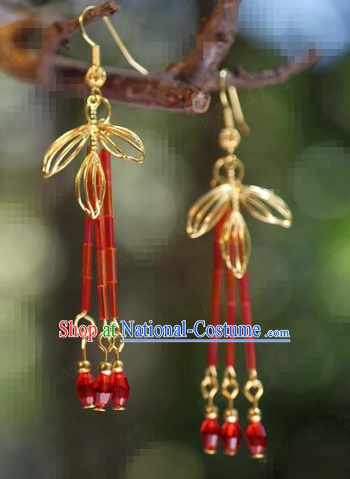 Traditional Chinese Handmade Court Red Tassel Ear Accessories Ancient Princess Earrings for Women