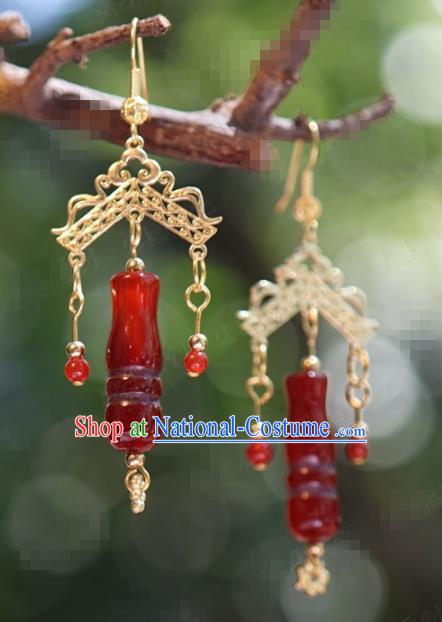 Traditional Chinese Handmade Court Red Agate Ear Accessories Ancient Princess Earrings for Women