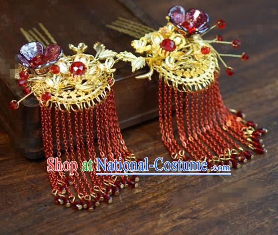 Traditional Chinese Ancient Queen Red Tassel Hair Clip Handmade Hanfu Court Hairpins Hair Accessories for Women