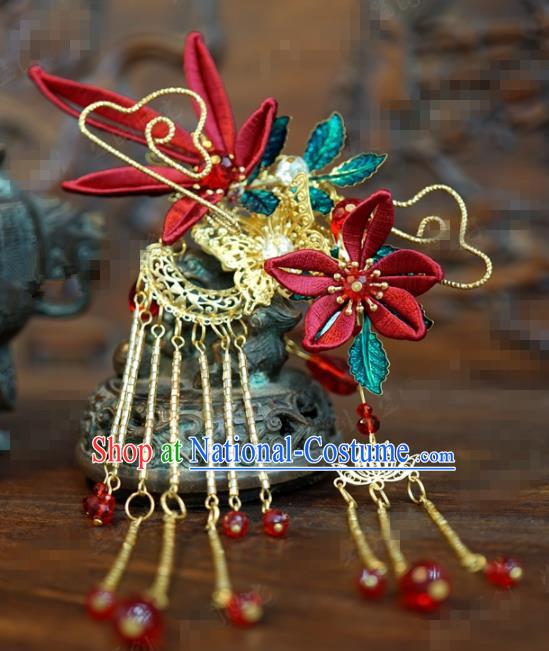 Traditional Chinese Handmade Court Maple Leaf Hairpins Hair Accessories Ancient Queen Hanfu Tassel Hair Clip for Women