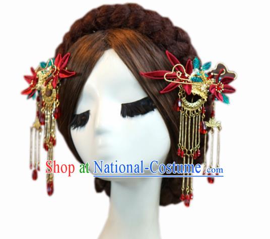 Traditional Chinese Handmade Court Maple Leaf Hairpins Hair Accessories Ancient Queen Hanfu Tassel Hair Clip for Women