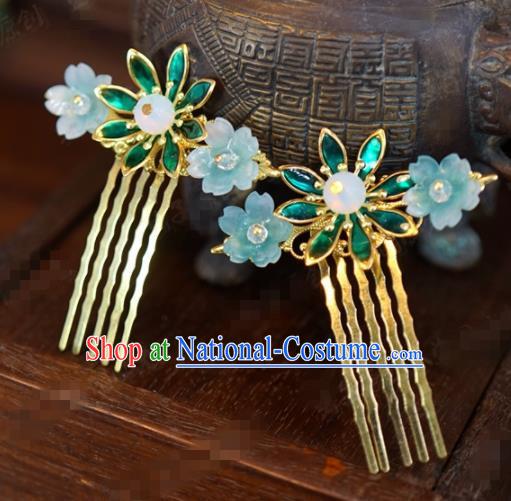 Traditional Chinese Ancient Bride Blue Plum Hair Combs Hanfu Court Queen Hairpins Handmade Hair Accessories for Women