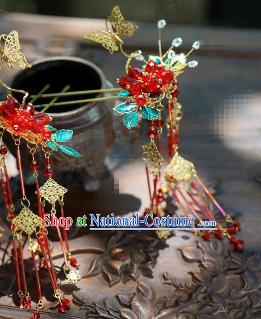 Traditional Chinese Handmade Court Red Flower Tassel Hairpins Hair Accessories Ancient Hanfu Hair Clip for Women