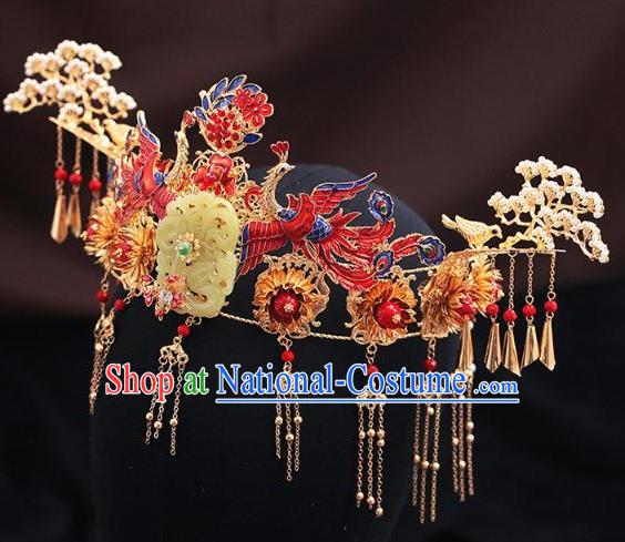 Traditional Chinese Wedding Cloisonne Red Phoenix Coronet Luxury Jade Hair Accessories Ancient Bride Hairpins Complete Set for Women