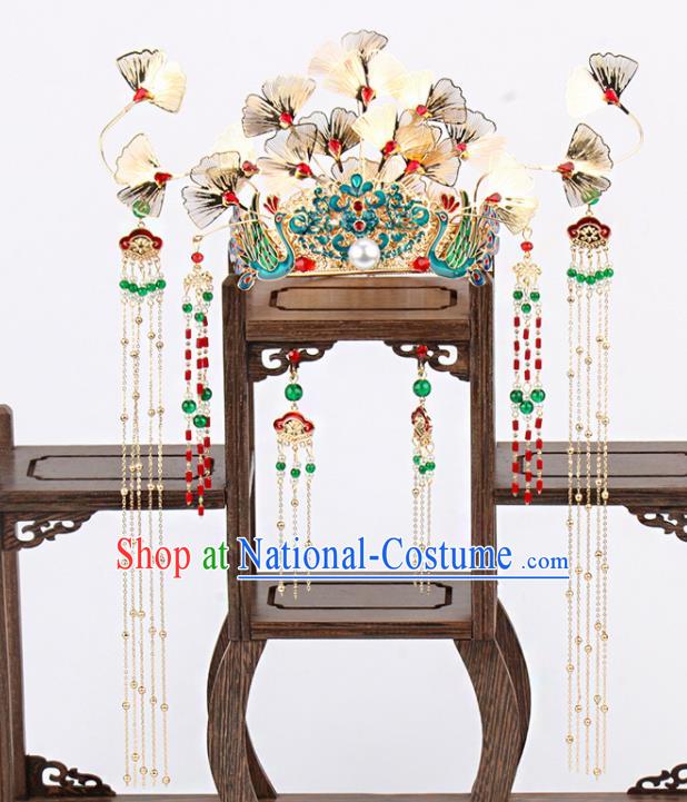 Traditional Chinese Wedding Ginkgo Leaf Phoenix Coronet Luxury Hair Accessories Ancient Bride Hairpins Complete Set for Women