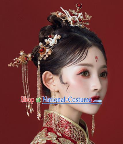 Traditional Chinese Wedding Hair Accessories Ancient Bride Tassel Hairpins Complete Set for Women