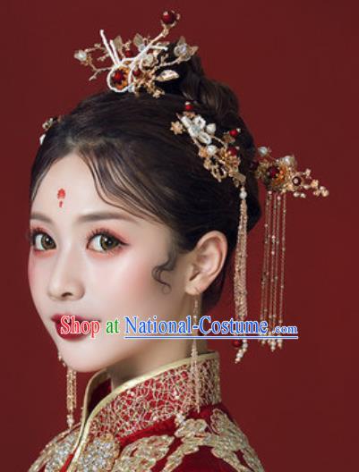 Traditional Chinese Wedding Hair Accessories Ancient Bride Tassel Hairpins Complete Set for Women