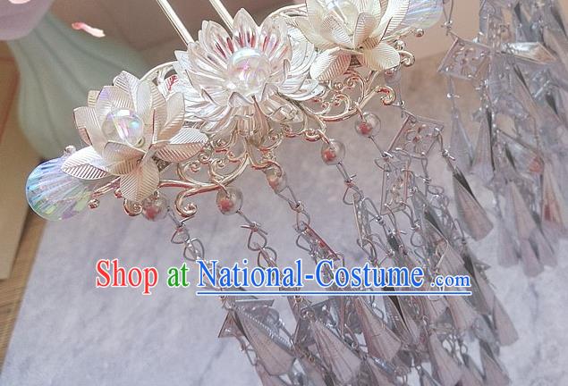 Traditional Chinese Hanfu White Lotus Tassel Hair Clip Ancient Court Queen Hairpins Handmade Hair Accessories for Women