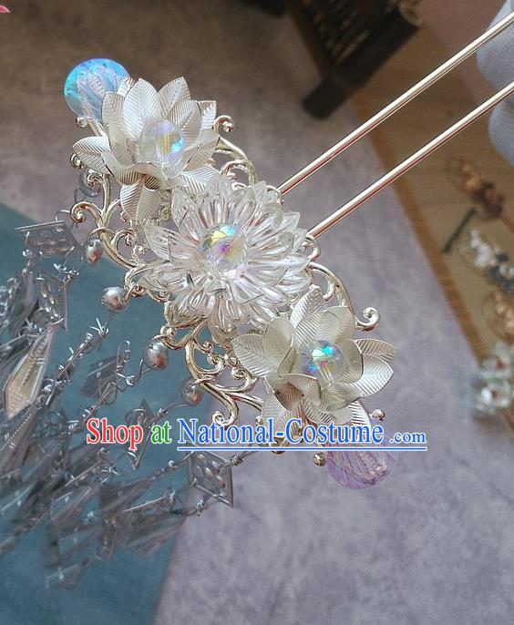 Traditional Chinese Hanfu White Lotus Tassel Hair Clip Ancient Court Queen Hairpins Handmade Hair Accessories for Women