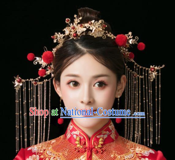 Traditional Chinese Wedding Phoenix Coronet Hair Accessories Ancient Bride Tassel Hairpins Complete Set for Women