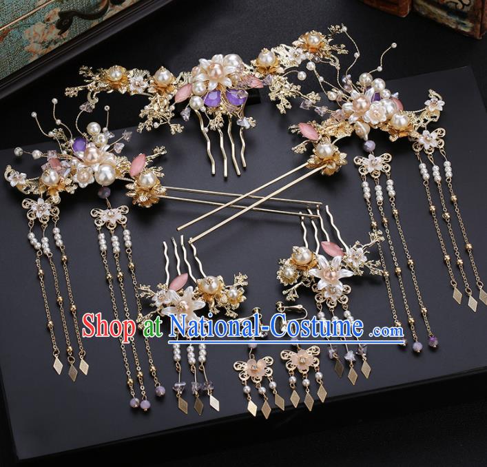 Traditional Chinese Wedding Hair Comb Handmade Ancient Bride Hairpins Hair Accessories Complete Set