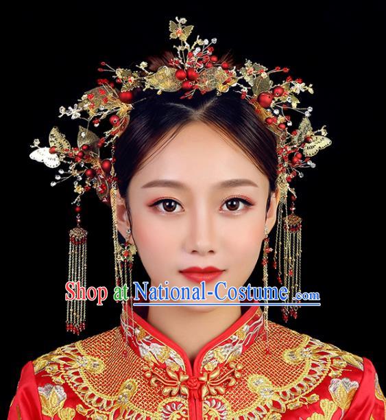 Traditional Chinese Wedding Golden Butterfly Phoenix Coronet Handmade Ancient Bride Hairpins Hair Accessories Complete Set