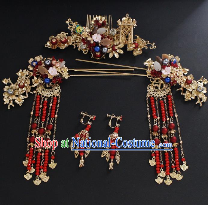 Traditional Chinese Wedding Handmade Hair Comb Ancient Bride Hairpins Hair Accessories Complete Set