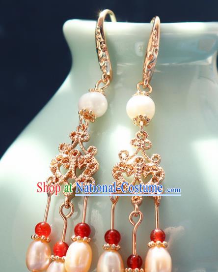 Traditional Chinese Handmade Pearls Tassel Earrings Ancient Hanfu Ear Accessories for Women