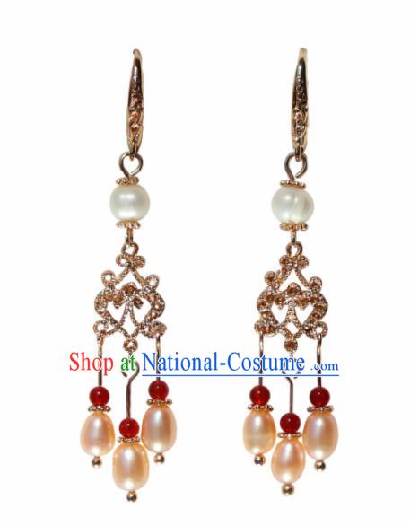 Traditional Chinese Handmade Pearls Tassel Earrings Ancient Hanfu Ear Accessories for Women