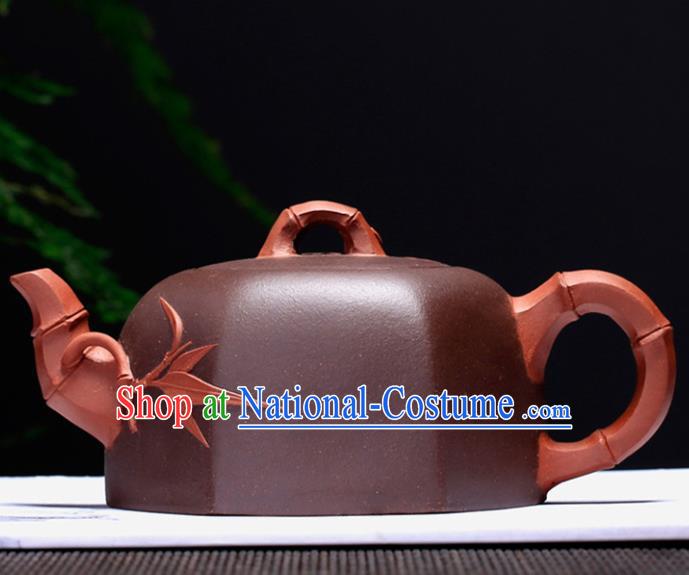 Traditional Chinese Handmade Carving Bamboo Zisha Teapot Dark Red Clay Pottery Teapot