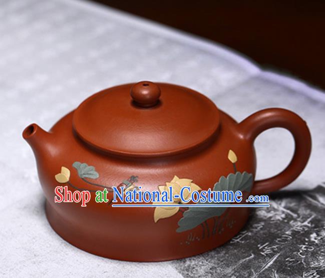 Traditional Chinese Handmade Painting Lotus Zisha Teapot Dark Red Clay Pottery Teapot