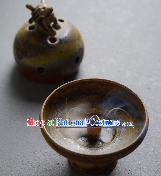 Chinese Classical Handmade Pottery Censer Dark Red Clay Incense Burner