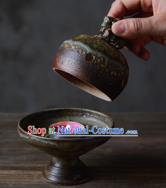 Chinese Classical Handmade Pottery Censer Dark Red Clay Incense Burner