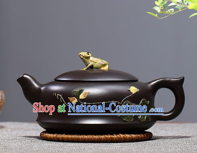 Traditional Chinese Handmade Kung Fu Zisha Teapot Carving Lotus Black Clay Pottery Teapot