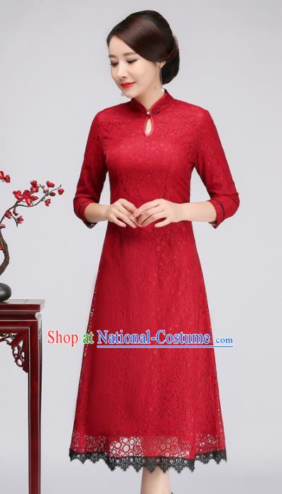 Chinese Traditional Classical Red Lace Cheongsam National Tang Suit Qipao Dress for Women