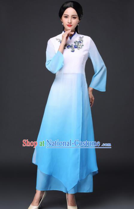 Traditional Chinese Classical Umbrella Dance Blue Cheongsam National Costume Tang Suit Qipao Dress for Women