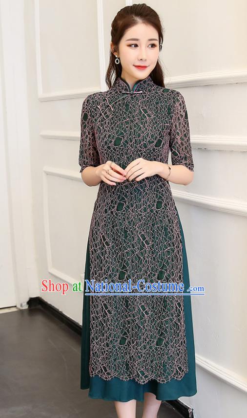 Traditional Chinese Classical Dance Peacock Green Cheongsam National Costume Tang Suit Qipao Dress for Women