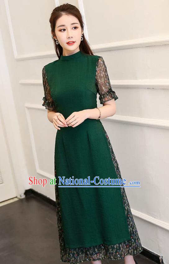 Traditional Chinese Classical Deep Green Cheongsam National Costume Tang Suit Qipao Dress for Women