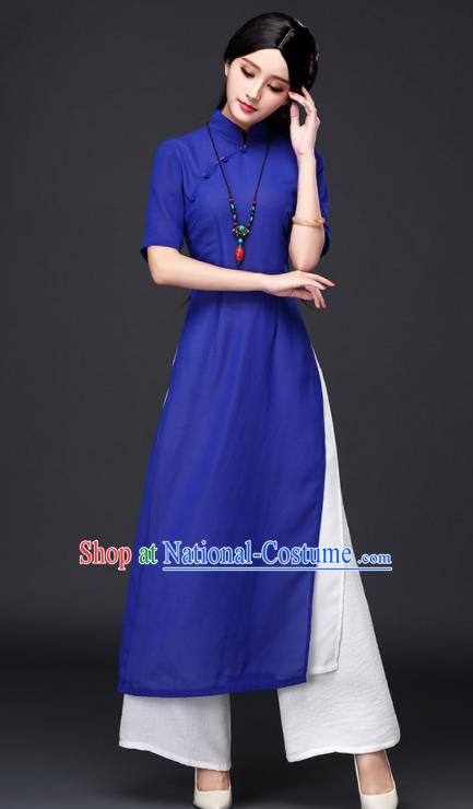 Traditional Chinese Classical Royalblue Veil Cheongsam National Costume Tang Suit Qipao Dress for Women