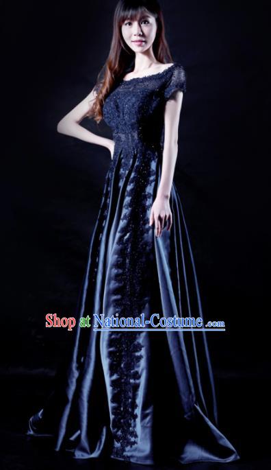 Chinese Chorus Competition Costume Traditional Stage Show Dance Navy Dress for Women