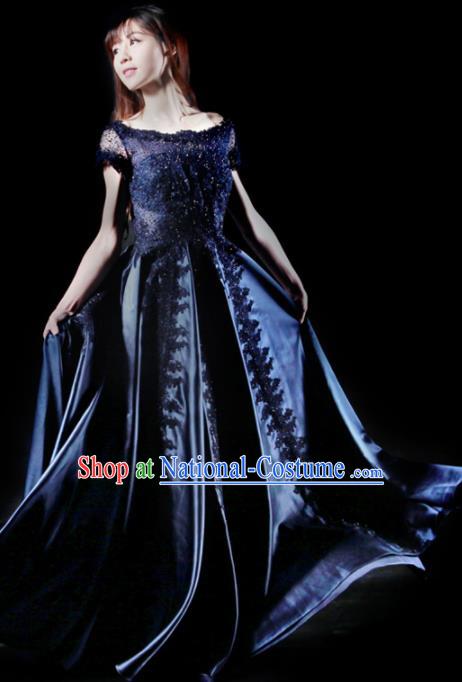 Chinese Chorus Competition Costume Traditional Stage Show Dance Navy Dress for Women