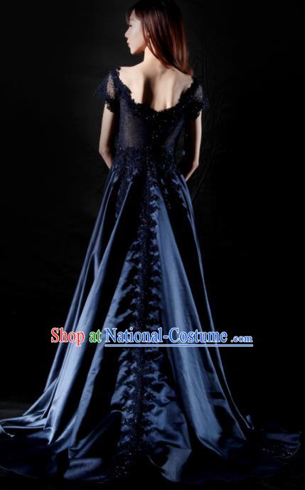 Chinese Chorus Competition Costume Traditional Stage Show Dance Navy Dress for Women