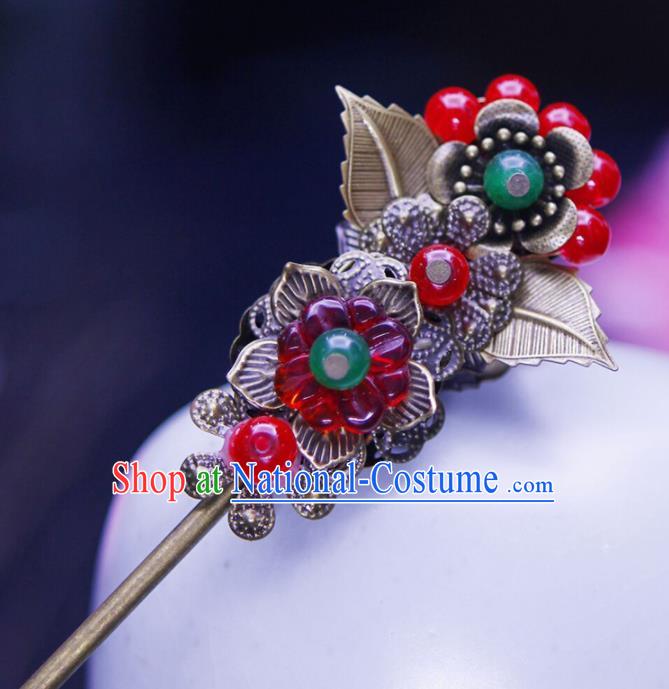 Chinese Traditional Wedding Red Flower Hairpins Ancient Bride Hair Accessories for Women