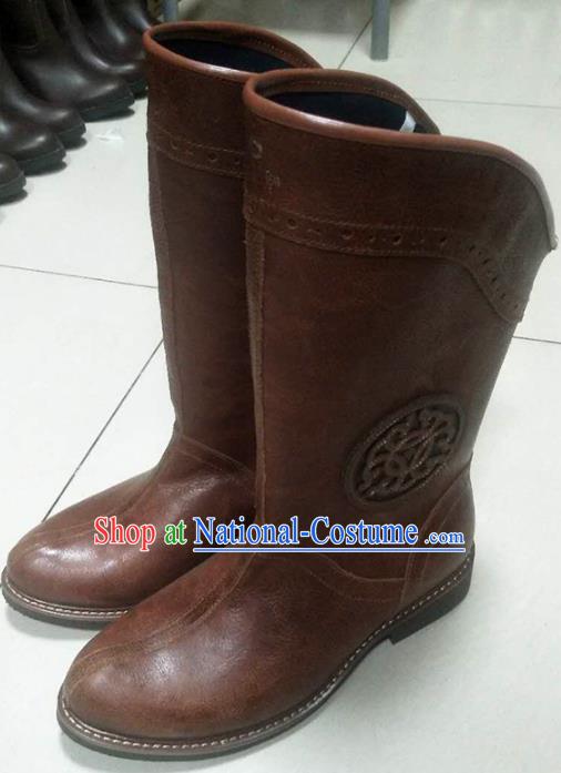 Chinese Traditional Mongol Nationality Reddish Brown Boots Mongolian Ethnic Leather Riding Boots for Men