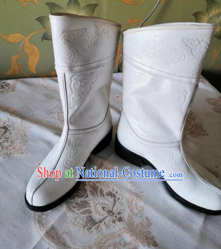 Chinese Traditional Mongol Nationality White Boots Mongolian Ethnic Stage Show Leather Riding Boots for Men