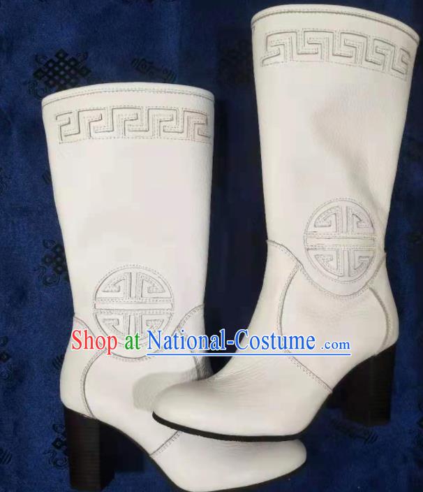 Chinese Traditional Mongol Nationality White Riding Boots Mongolian Ethnic Shoes High Heel Leather Boots for Women