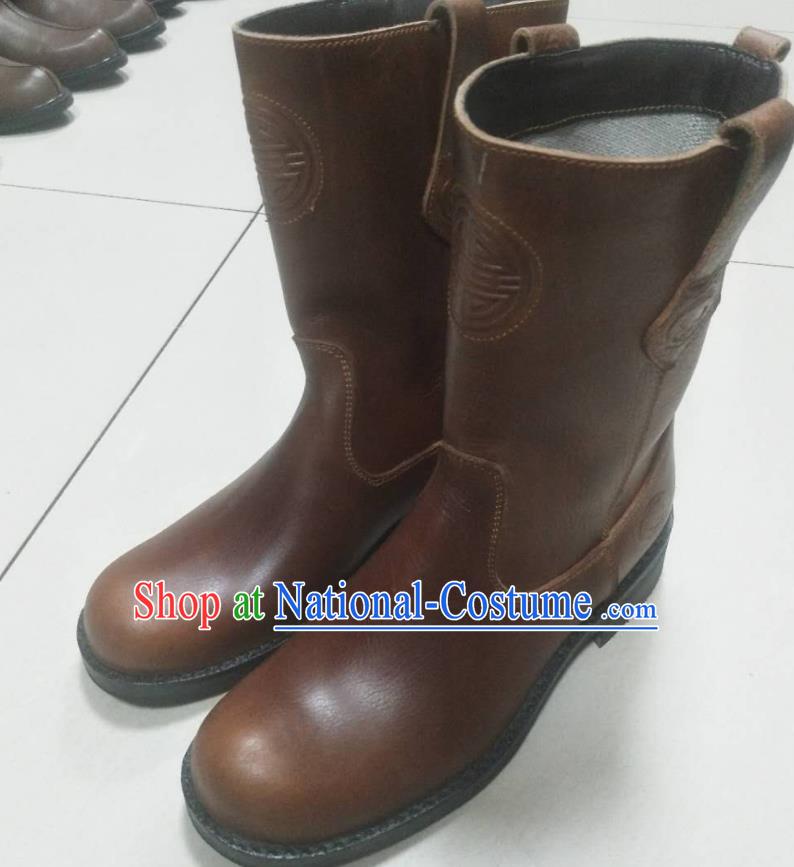 Chinese Traditional Mongol Nationality Light Brown Boots Mongolian Ethnic Leather Riding Boots for Men