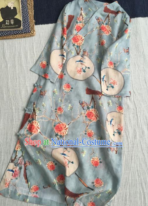 Chinese Traditional Tang Suit Printing Peony Light Blue Ramie Cheongsam National Costume Qipao Dress for Women